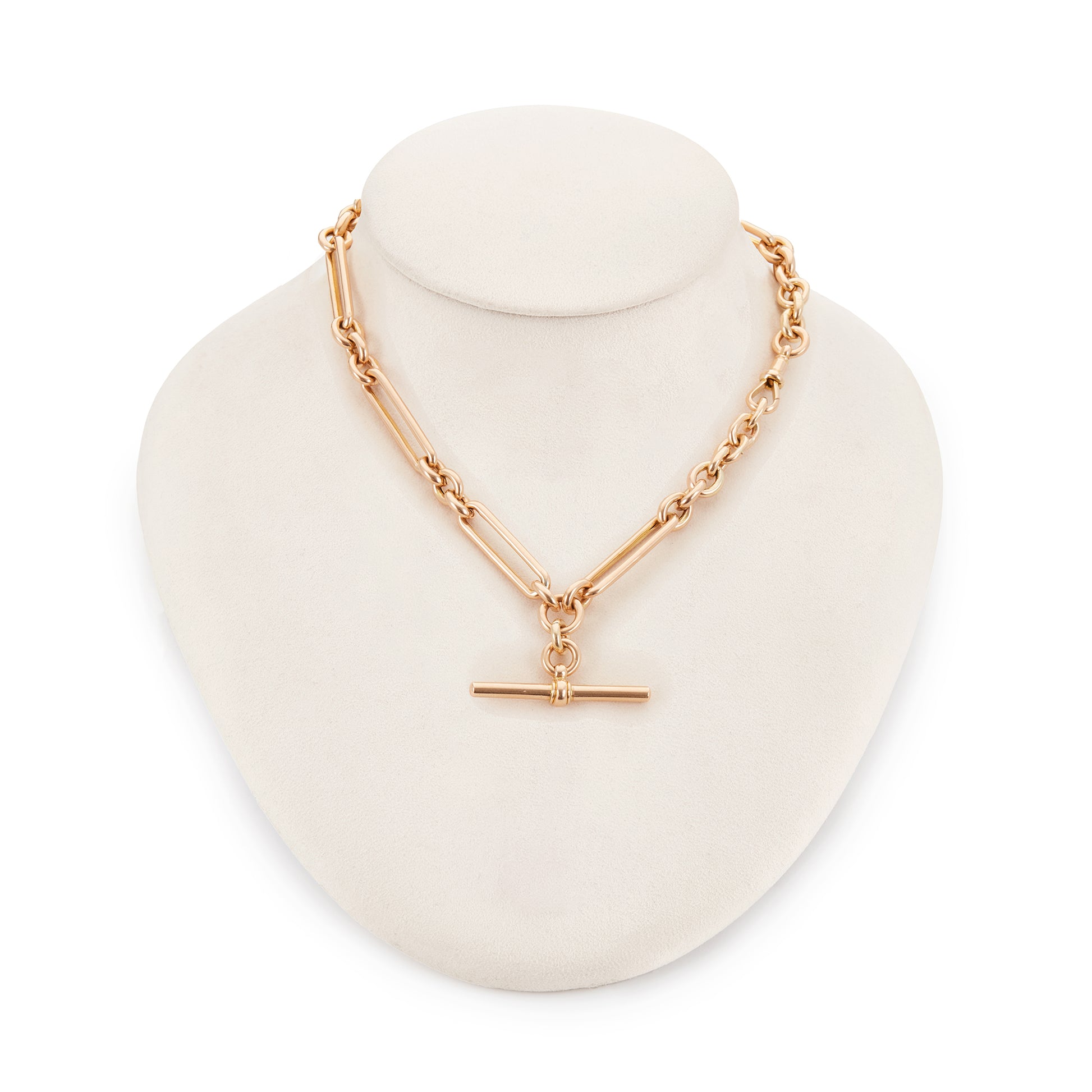 Sought-after Victorian 9ct rose gold chunky paperclip link fob chain with a T-bar and two dog-clips.