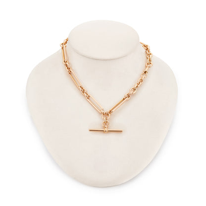 Sought-after Victorian 9ct rose gold chunky paperclip link fob chain with a T-bar and two dog-clips.