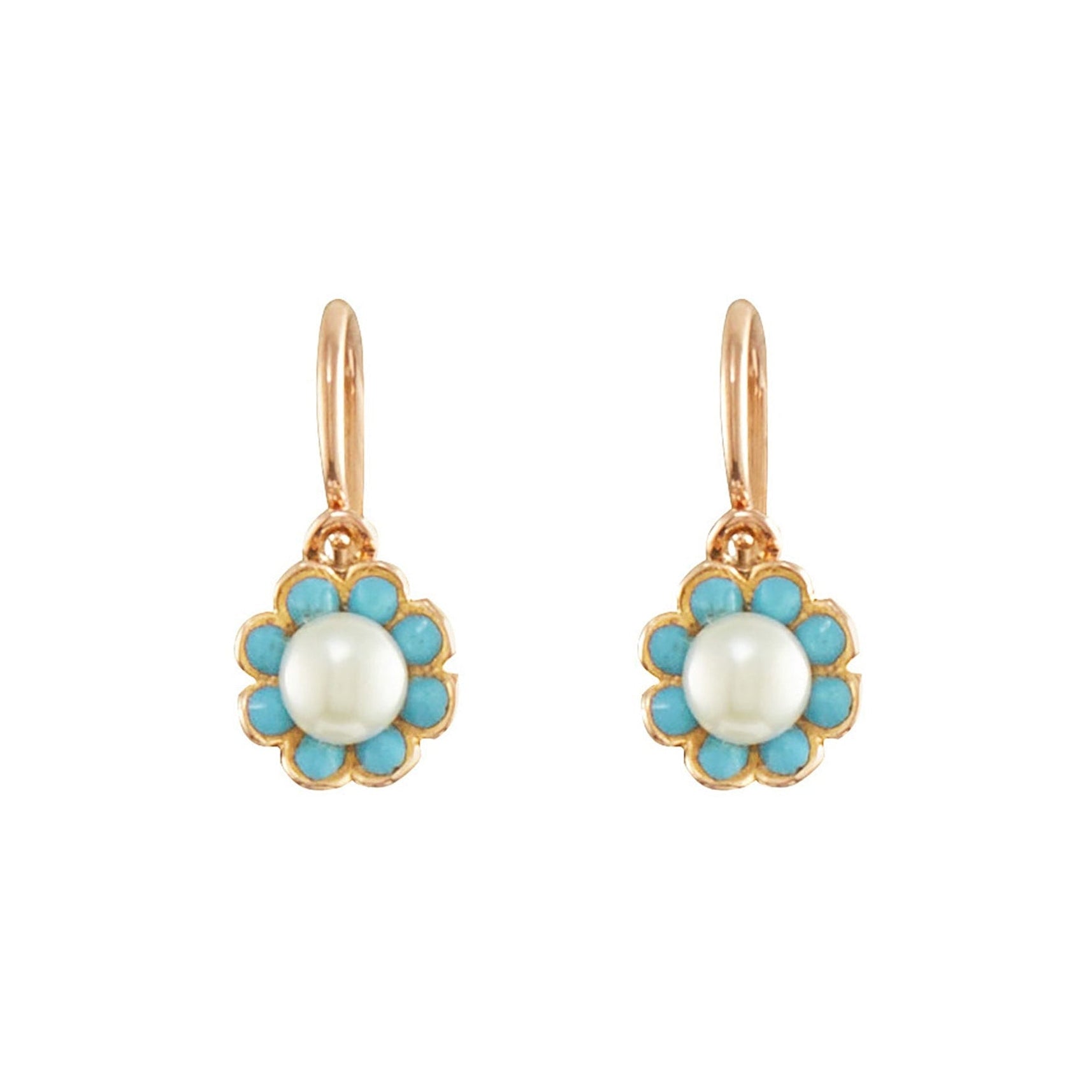 Pretty Victorian 9ct rose gold earrings, each set with eight turquoise stones and a centre pearl, in the shape of a flower.