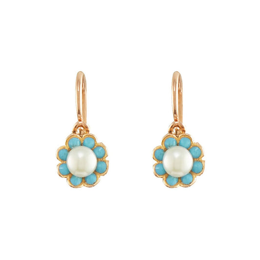 Pretty Victorian 9ct rose gold earrings, each set with eight turquoise stones and a centre pearl, in the shape of a flower.