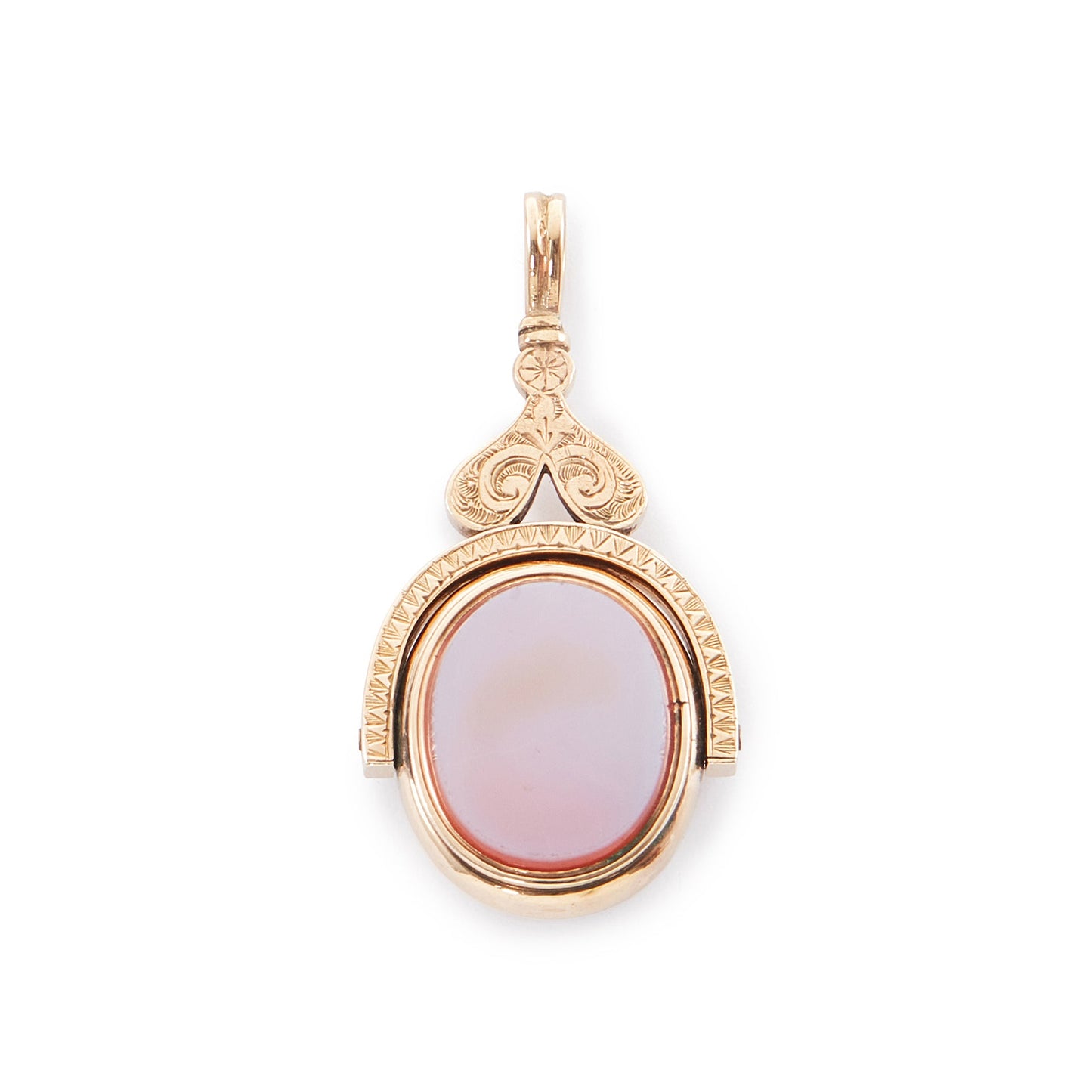 Exquisite Victorian 9ct rose gold swivel fob set with a carnelian on one side and a bloodstone on the reverse side. Beautifully engraved.