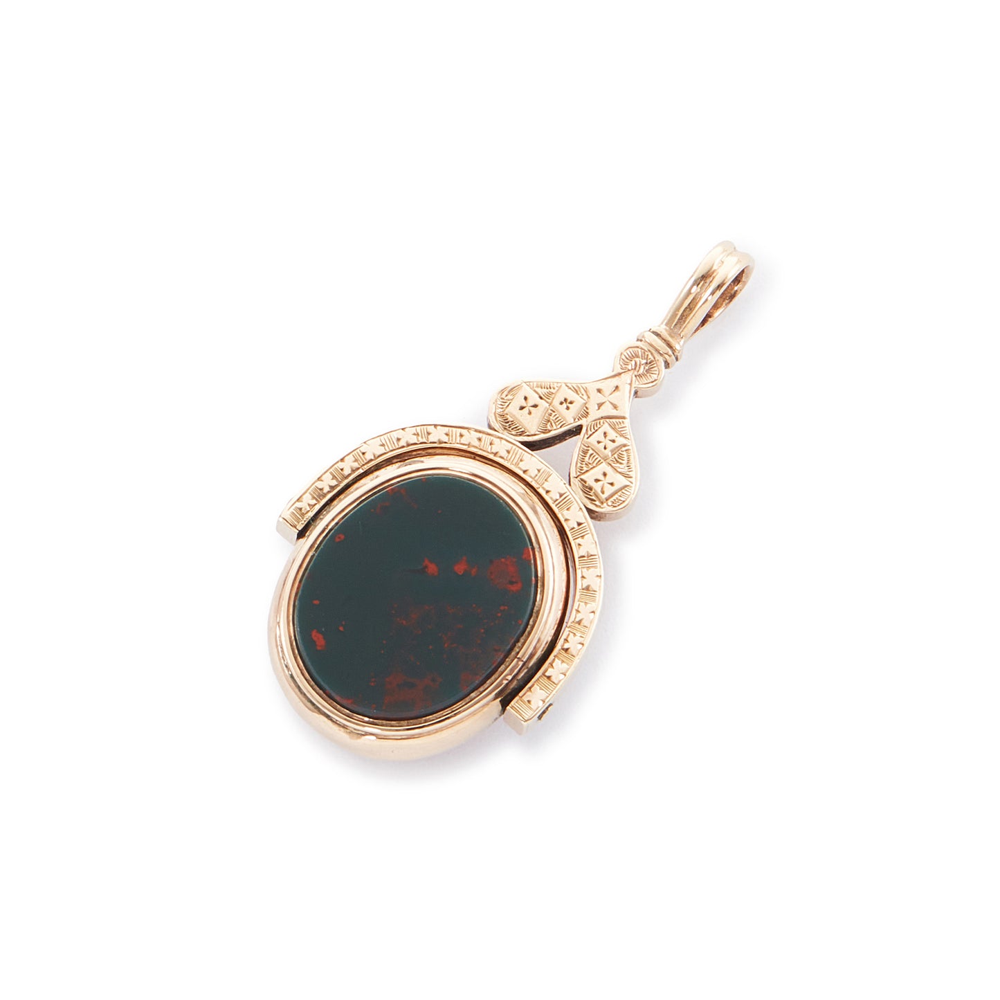 Exquisite Victorian 9ct rose gold swivel fob set with a carnelian on one side and a bloodstone on the reverse side. Beautifully engraved.