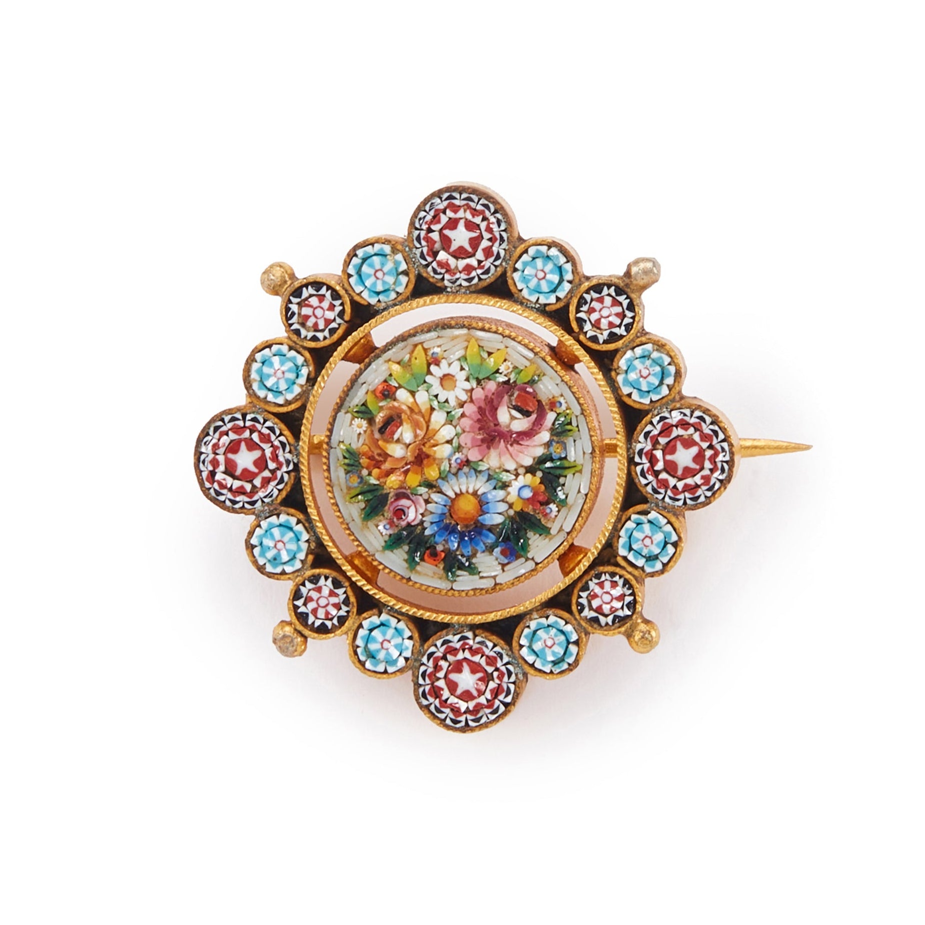 Beautifully detailed Victorian gilt Italian micro mosaic brooch depicting a colourful floral bouquet, surrounded by intricate stars.