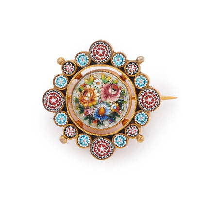 Beautifully detailed Victorian gilt Italian micro mosaic brooch depicting a colourful floral bouquet, surrounded by intricate stars.