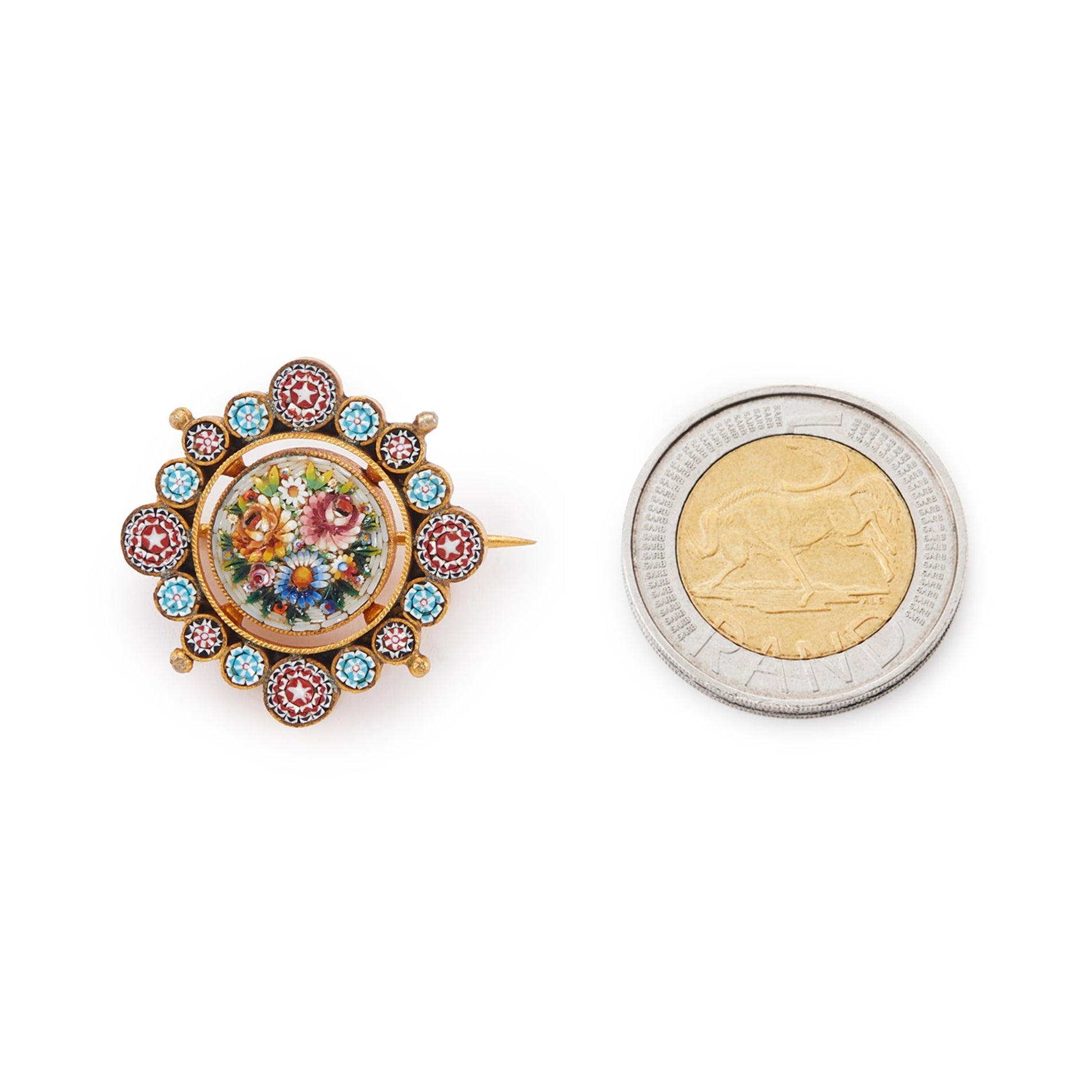 Beautifully detailed Victorian gilt Italian micro mosaic brooch depicting a colourful floral bouquet, surrounded by intricate stars.
