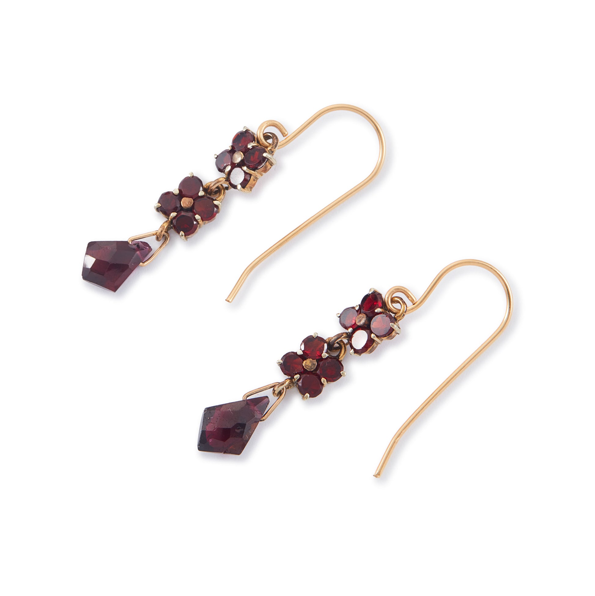 Pretty Victorian gold-filled dangling earrings set with deep red faceted garnets. Hooks replaced.