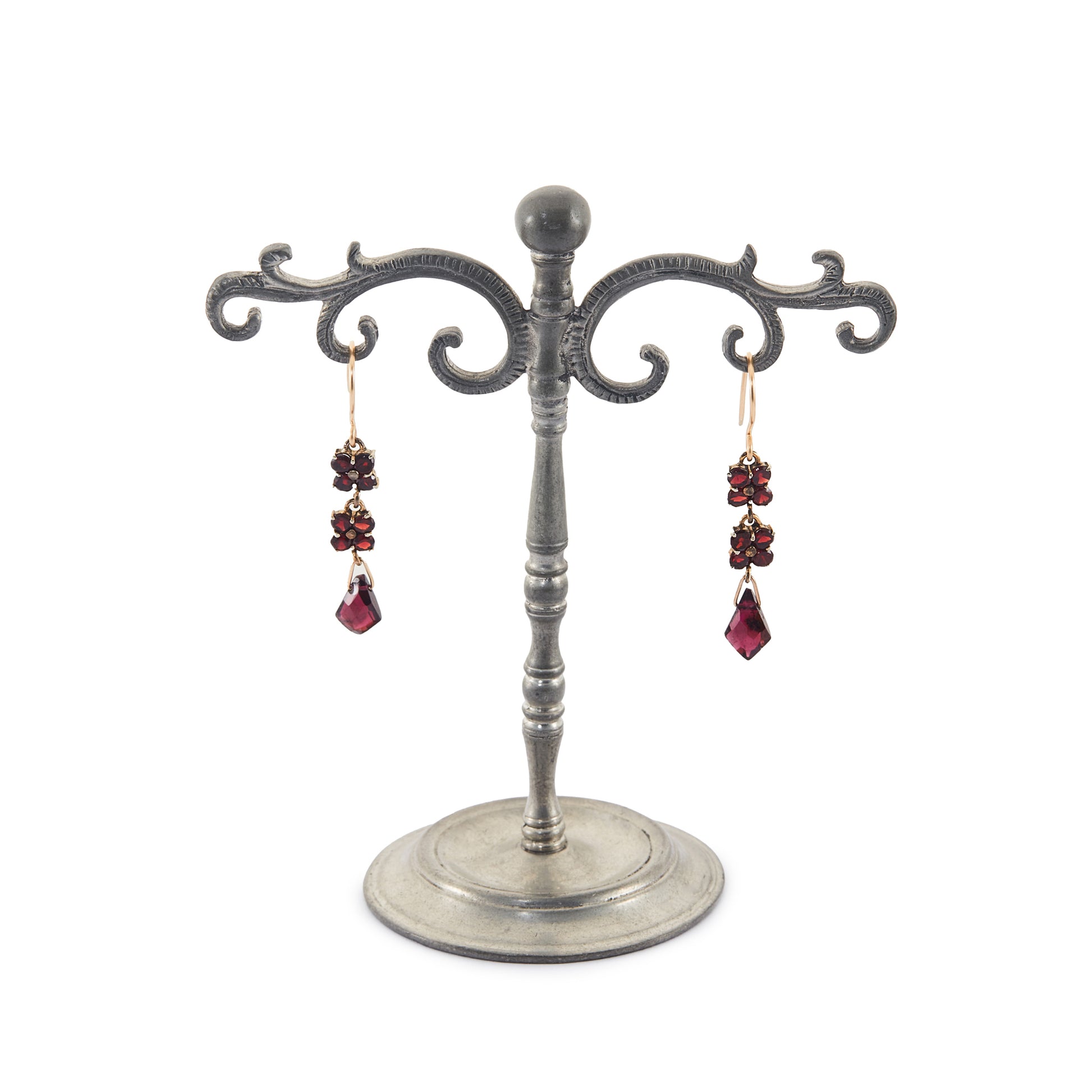 Pretty Victorian gold-filled dangling earrings set with deep red faceted garnets. Hooks replaced.