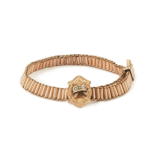 Beautiful Victorian rose gold cased slider bracelet set with three seed pearls. Lovely engraving on the centre piece. Size adjustable.