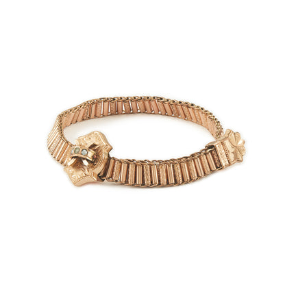 Beautiful Victorian rose gold cased slider bracelet set with three seed pearls. Lovely engraving on the centre piece. Size adjustable.