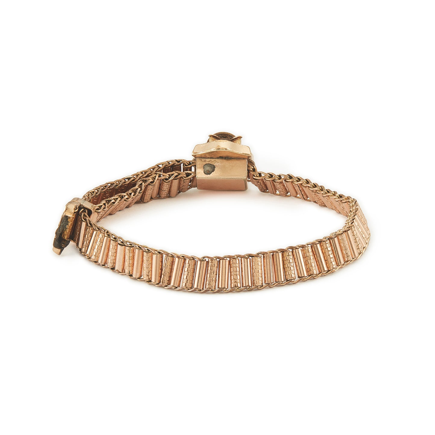 Beautiful Victorian rose gold cased slider bracelet set with three seed pearls. Lovely engraving on the centre piece. Size adjustable.