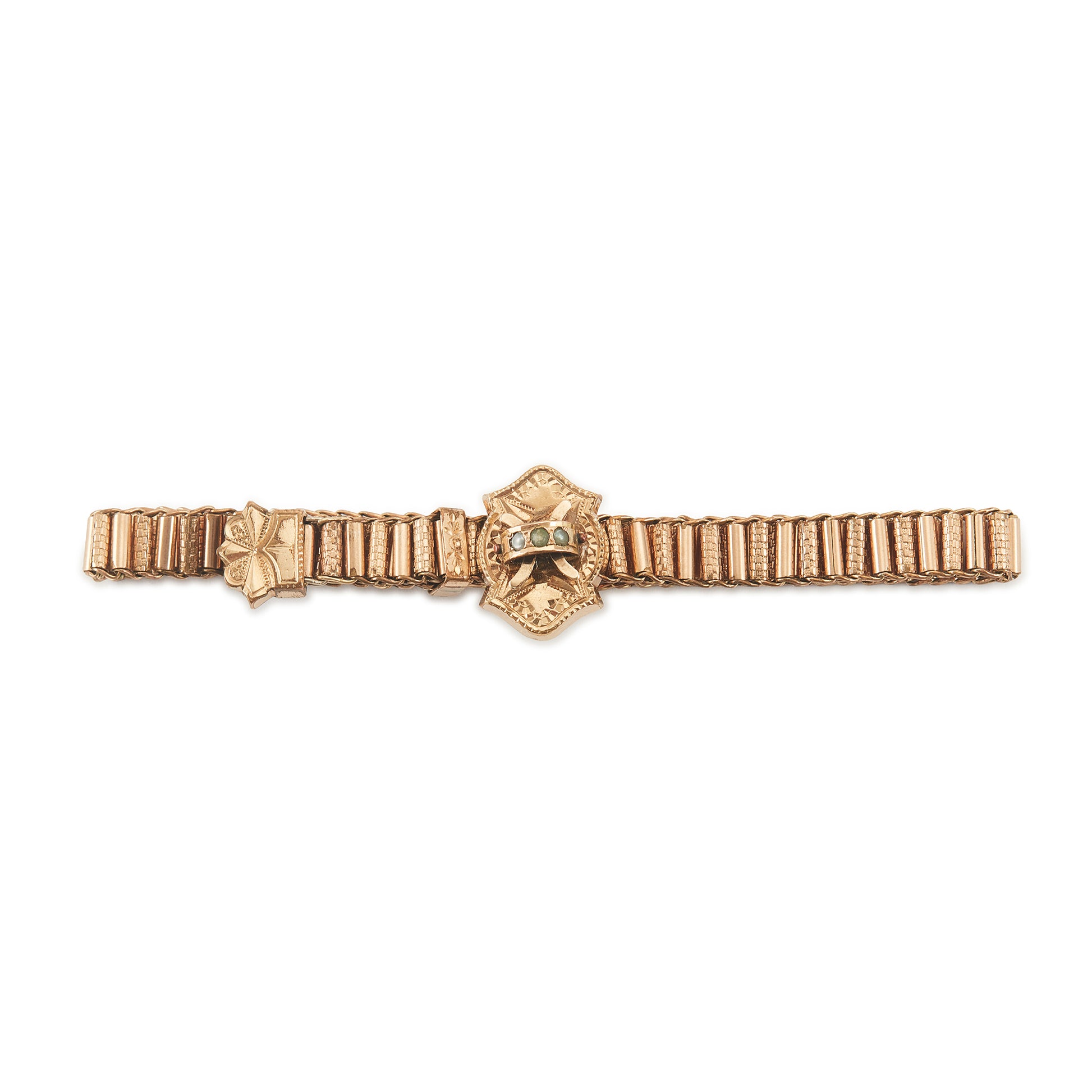 Beautiful Victorian rose gold cased slider bracelet set with three seed pearls. Lovely engraving on the centre piece. Size adjustable.