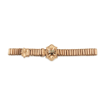 Beautiful Victorian rose gold cased slider bracelet set with three seed pearls. Lovely engraving on the centre piece. Size adjustable.