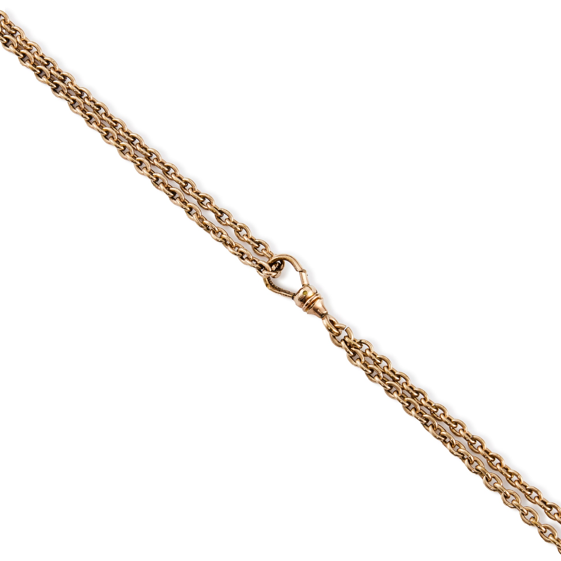 Classic Victorian gold filled long guard two strand chain with a small seed pearl slider and a dog-clip clasp. Can be worn as a double or single chain.