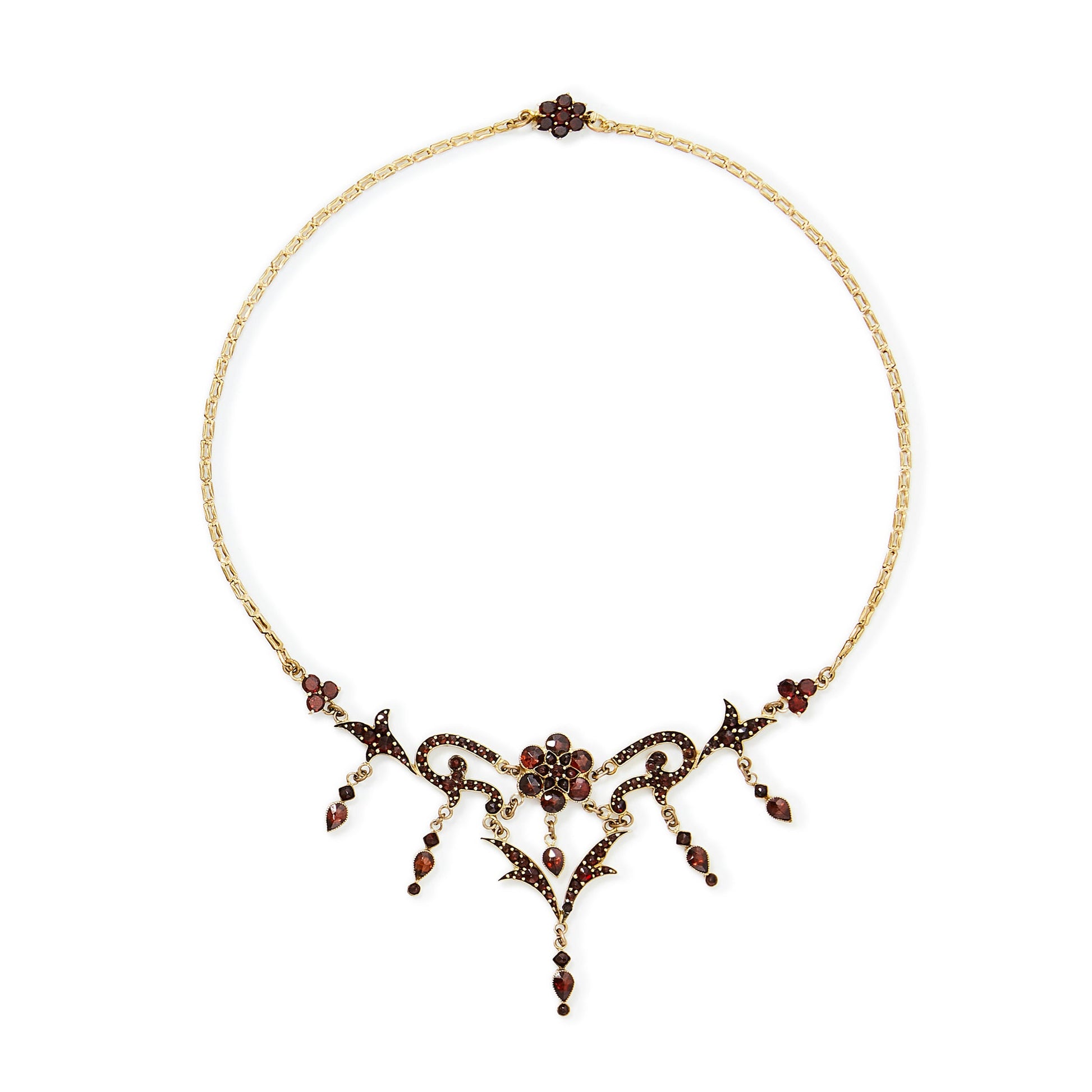 Gorgeous Victorian gold plated festoon necklace set with deep red Bohemian garnets.