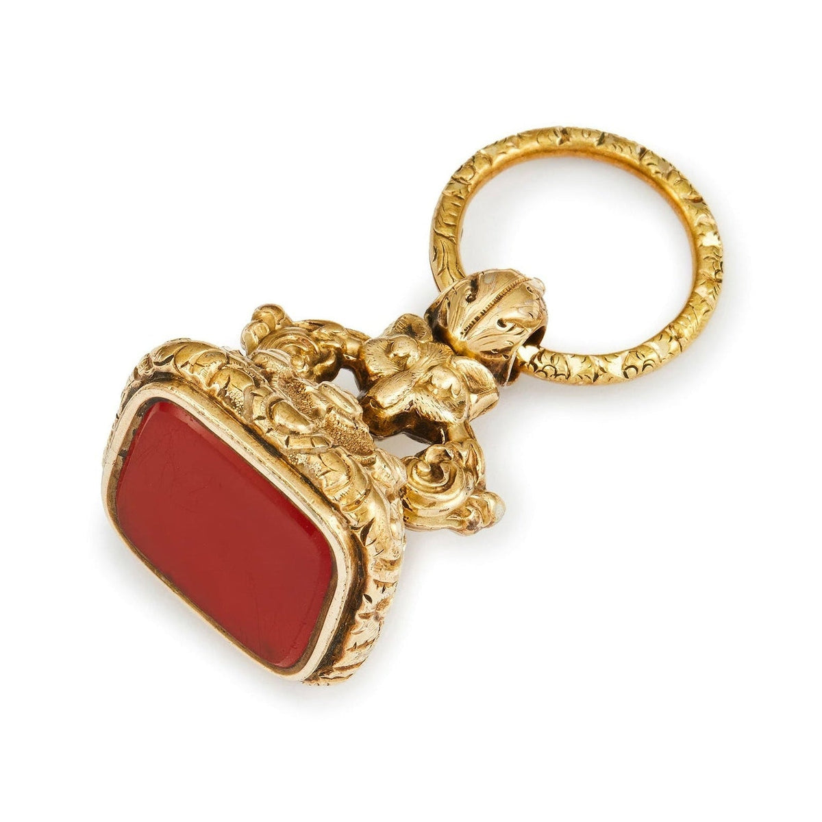 Gorgeous large Victorian gold plated fob seal with ornate detail, a repoussé wolf and a spilt-ring, set with a vibrant carnelian.