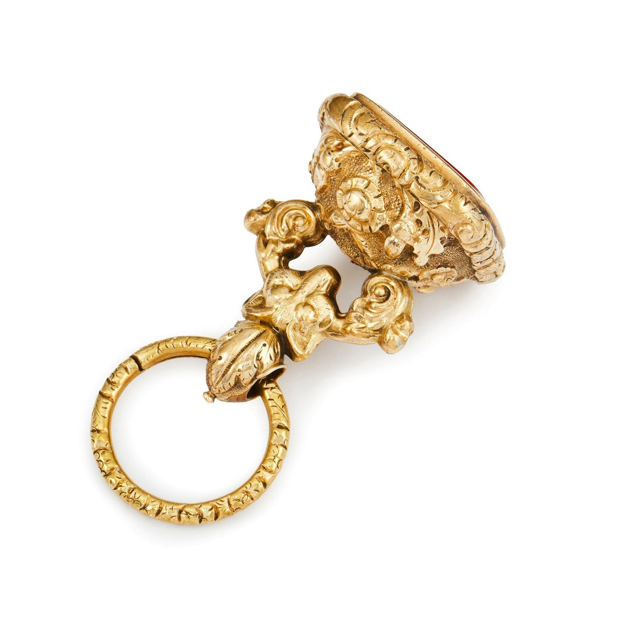 Gorgeous large Victorian gold plated fob seal with ornate detail, a repoussé wolf and a spilt-ring, set with a vibrant carnelian.