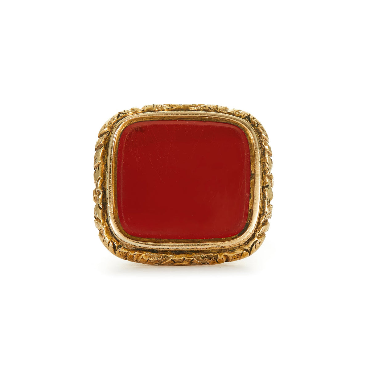 Gorgeous large Victorian gold plated fob seal with ornate detail, a repoussé wolf and a spilt-ring, set with a vibrant carnelian.
