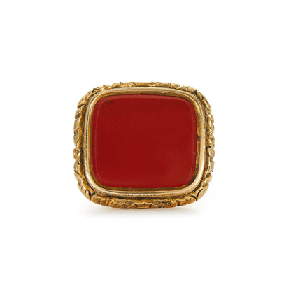 Gorgeous large Victorian gold plated fob seal with ornate detail, a repoussé wolf and a spilt-ring, set with a vibrant carnelian.