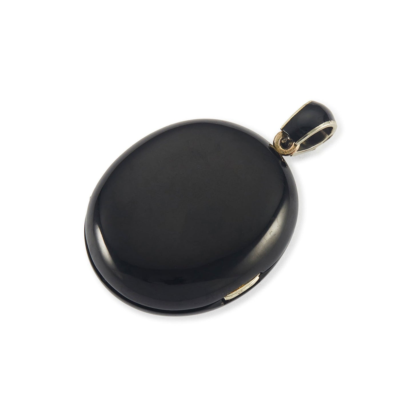 Exquisite Victorian jet monogrammed silver mourning locket which opens to a lock of hair behind glass, and space for a photograph. The bail has black enamelling.