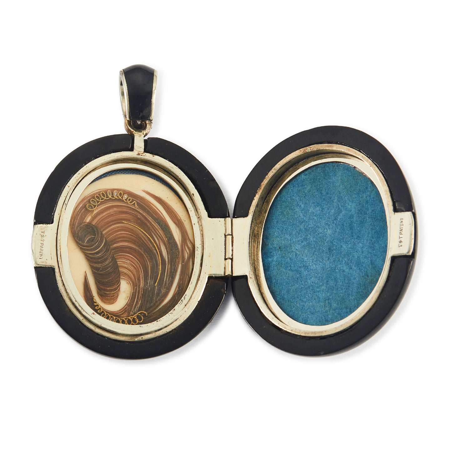 Exquisite Victorian jet monogrammed silver mourning locket which opens to a lock of hair behind glass, and space for a photograph. The bail has black enamelling.