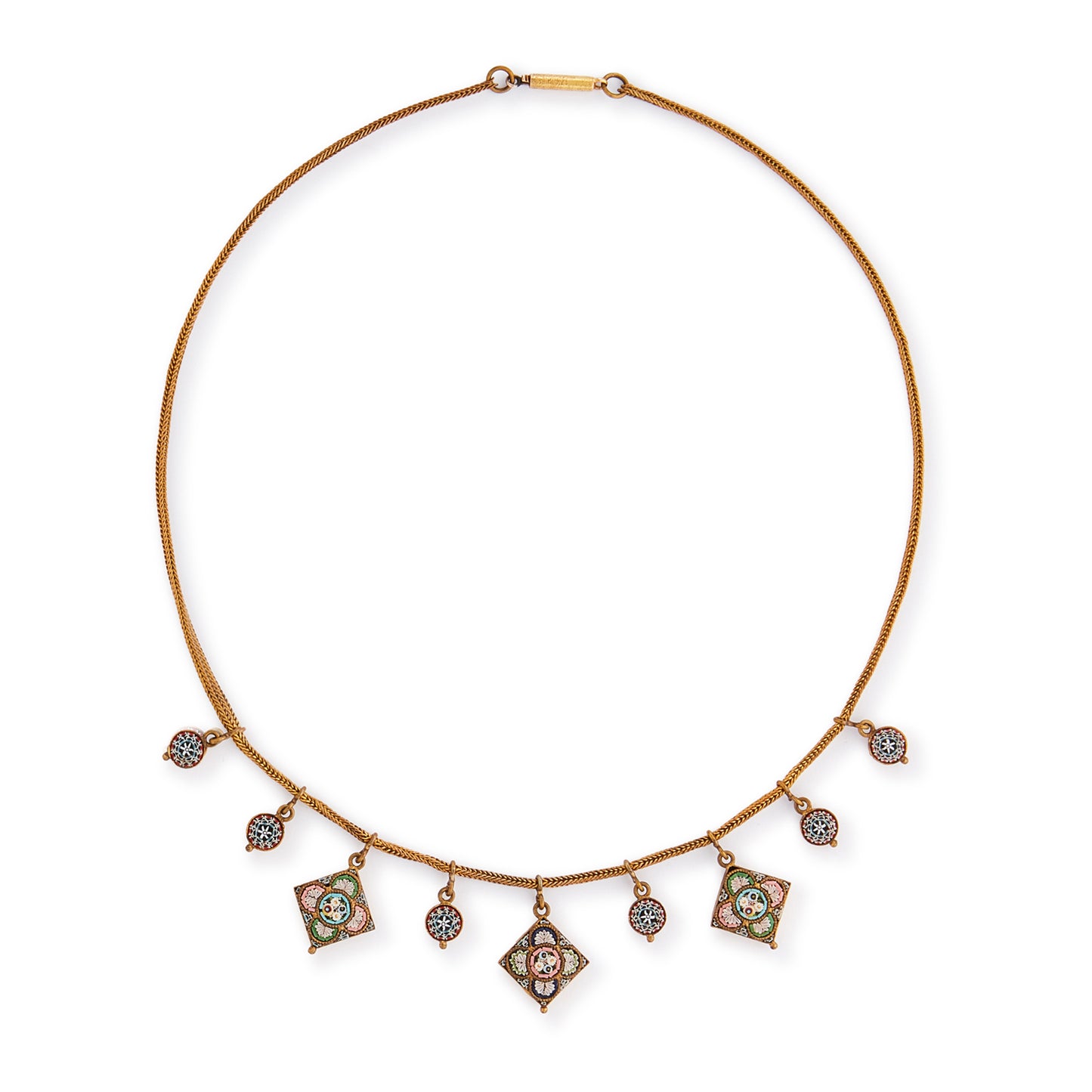 Pretty Victorian brass necklace with nine dangling, hand-set micro-mosaic drops. Italy
