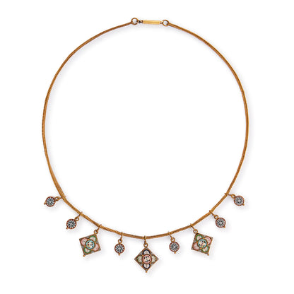 Pretty Victorian brass necklace with nine dangling, hand-set micro-mosaic drops. Italy