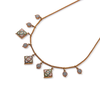 Pretty Victorian brass necklace with nine dangling, hand-set micro-mosaic drops. Italy