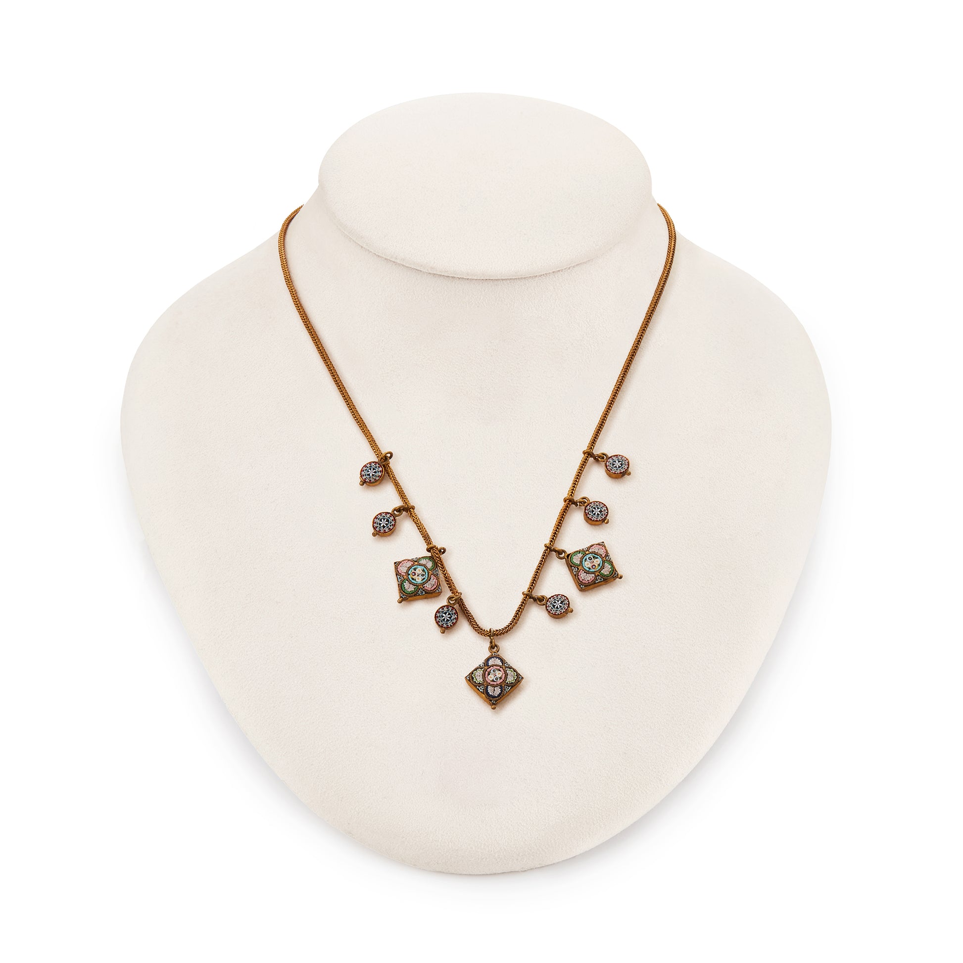 Pretty Victorian brass necklace with nine dangling, hand-set micro-mosaic drops. Italy