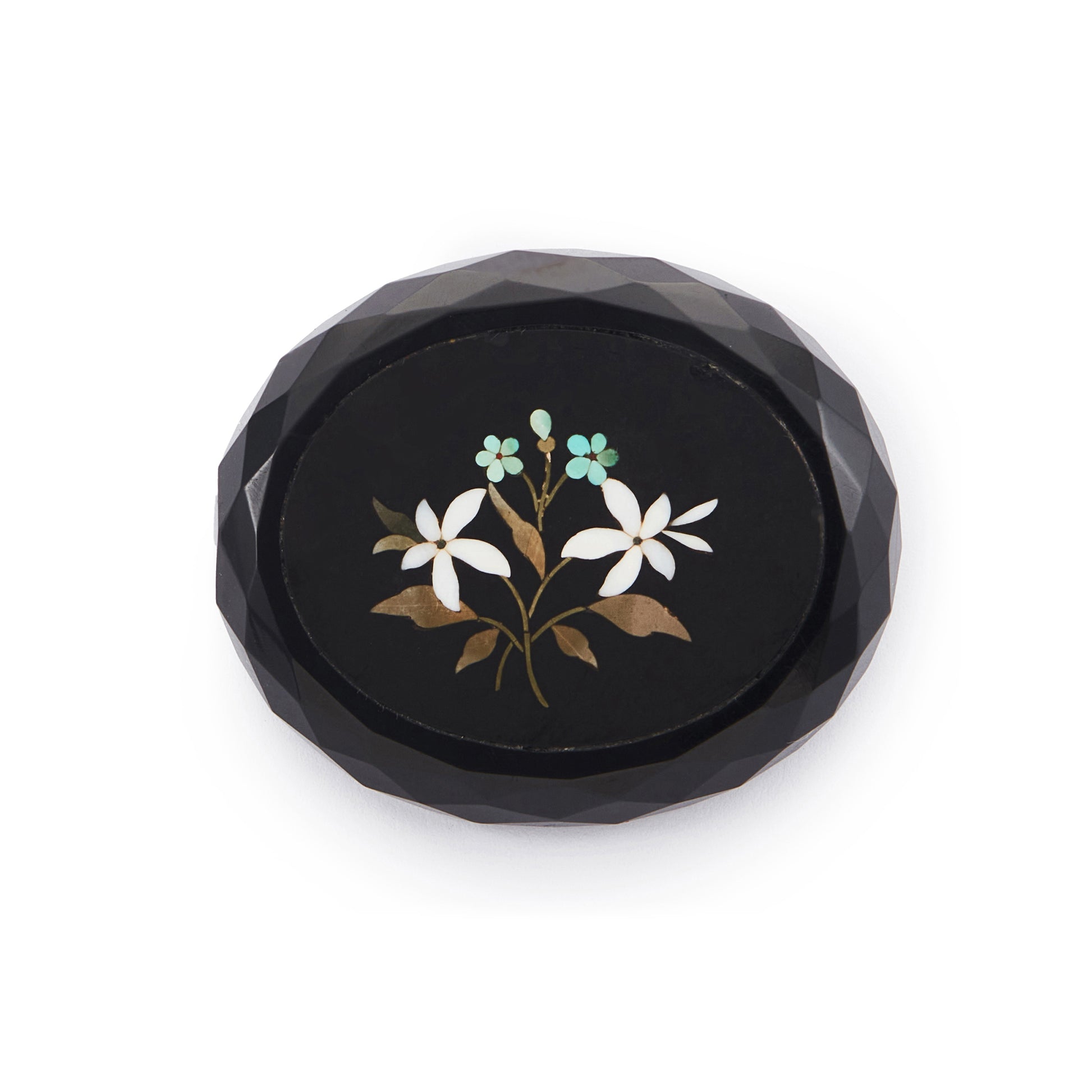 Exquisite Victorian Pietra Dura plaque in a faceted jet brooch setting.