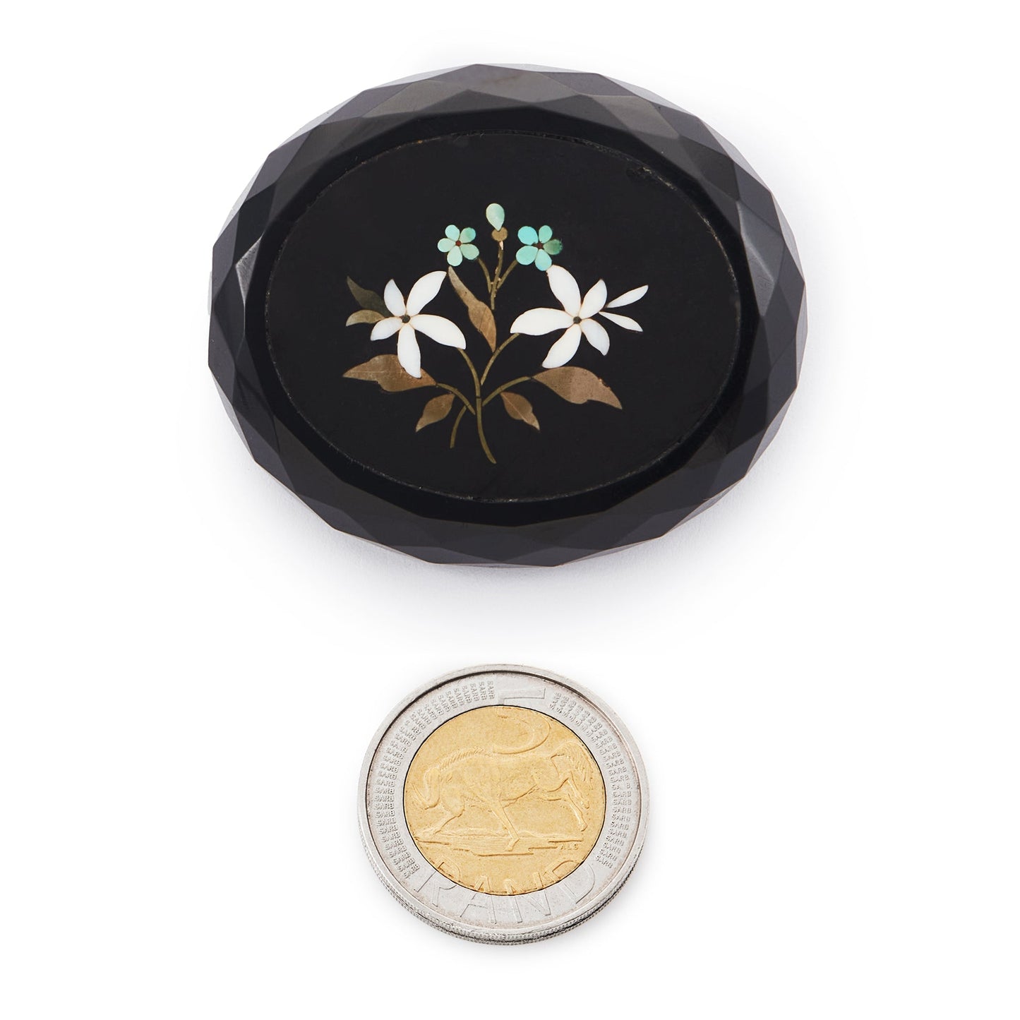Exquisite Victorian Pietra Dura plaque in a faceted jet brooch setting.