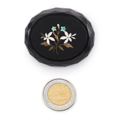 Exquisite Victorian Pietra Dura plaque in a faceted jet brooch setting.