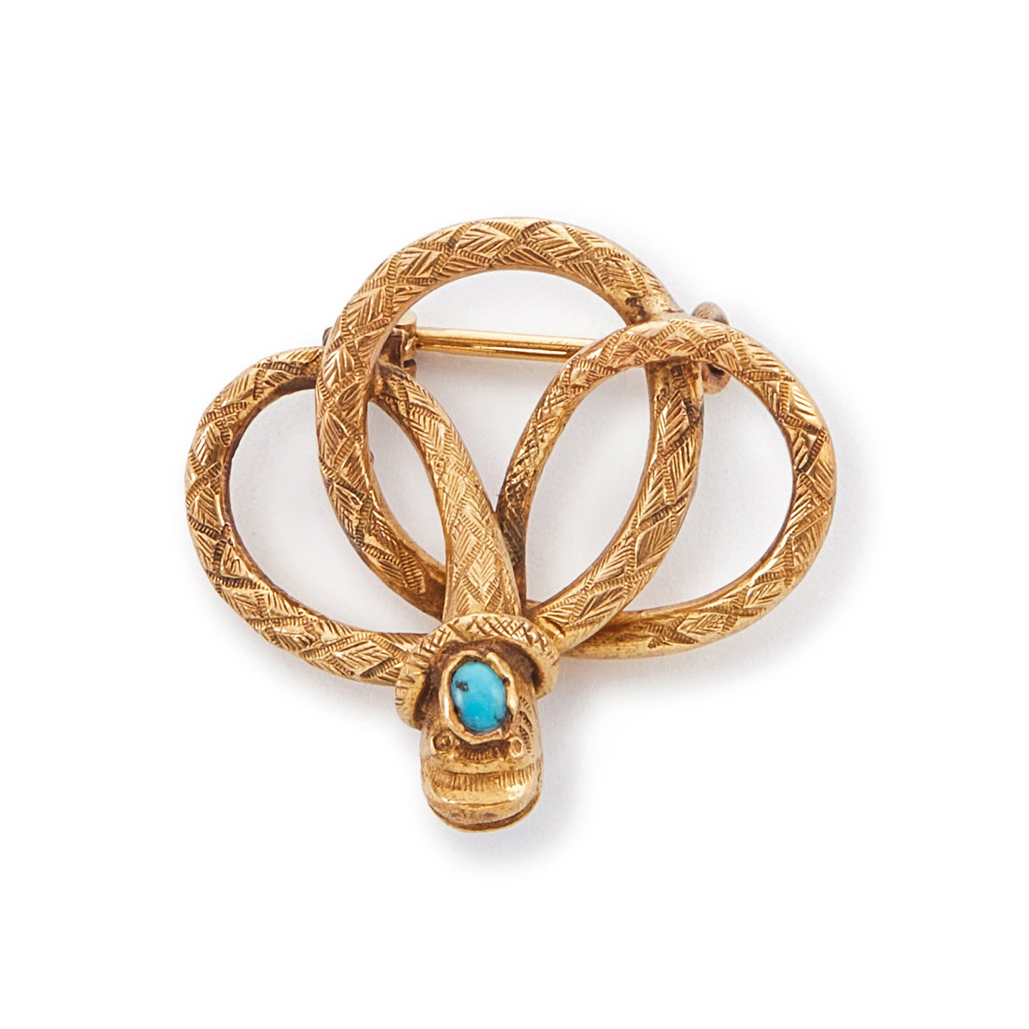 Charming Victorian textured pinchbeck brooch depicting a coiled snake with a turquoise in its head.