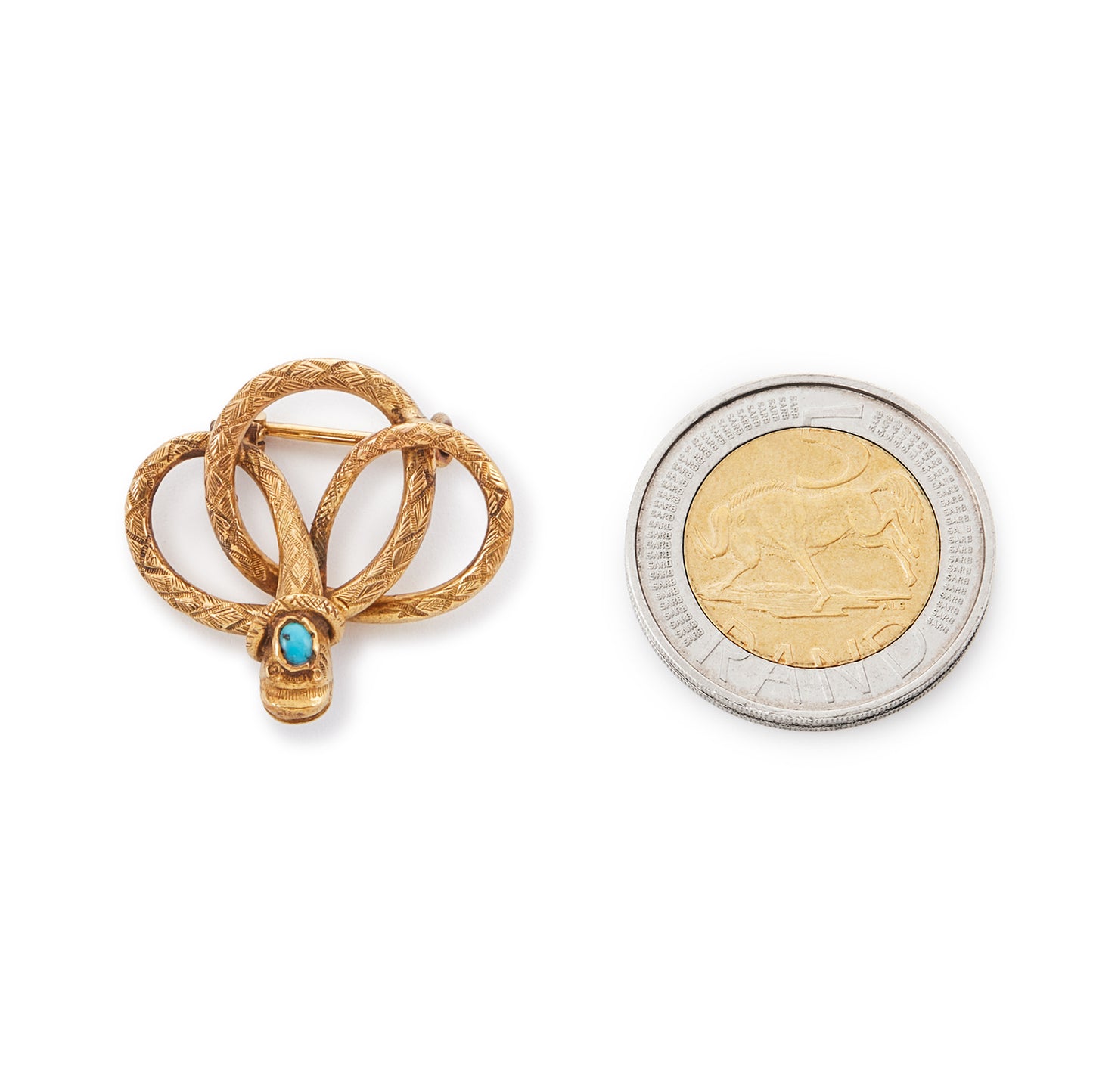 Charming Victorian textured pinchbeck brooch depicting a coiled snake with a turquoise in its head.