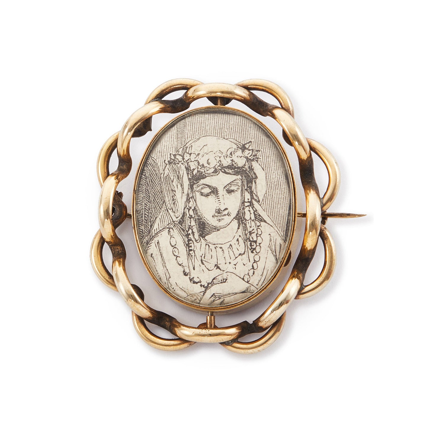 Unique Victorian pinchbeck swivel memorial brooch depicting three intricate doves perched on a bird bath carved from bone on one side. A hand-drawn image of the deceased is on the reverse side. Both artworks are behind glass.