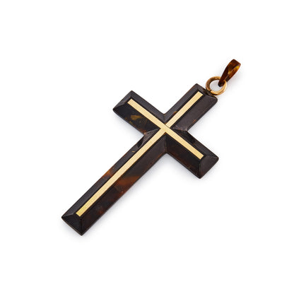 Classic antique tortoiseshell (piqué) cross pendant inlaid with gold.