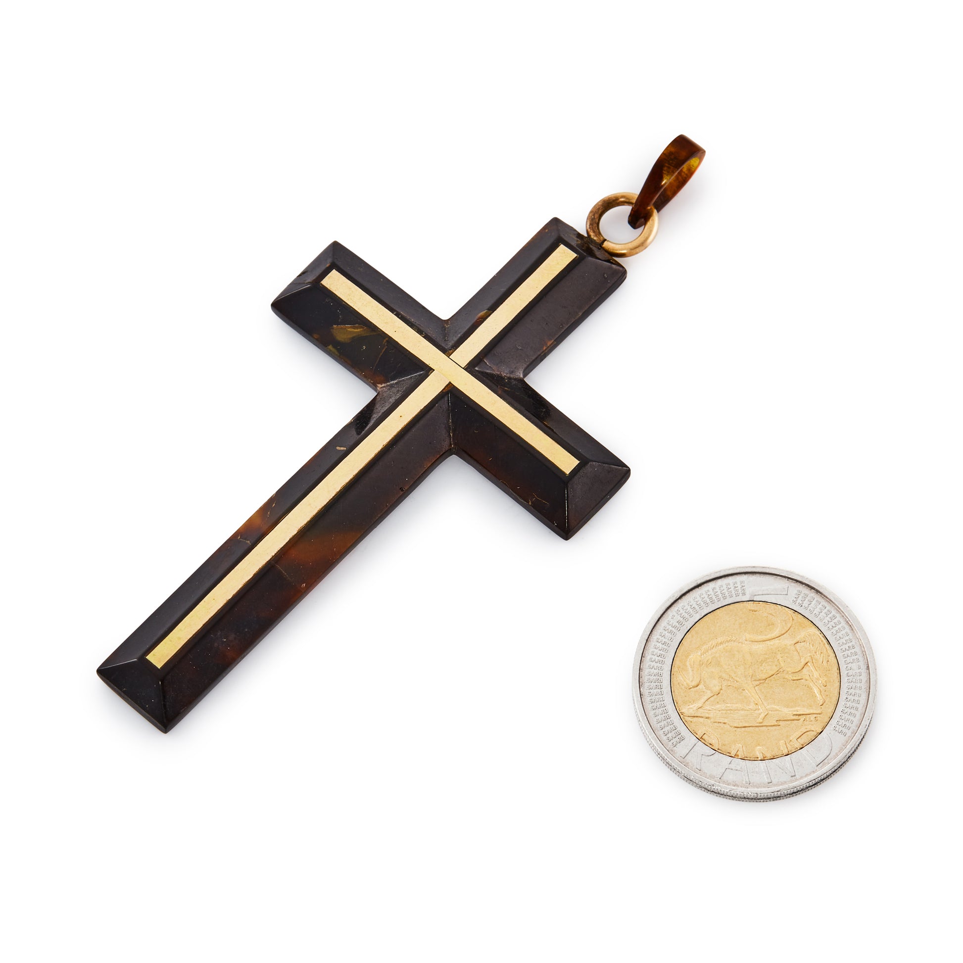 Classic antique tortoiseshell (piqué) cross pendant inlaid with gold.