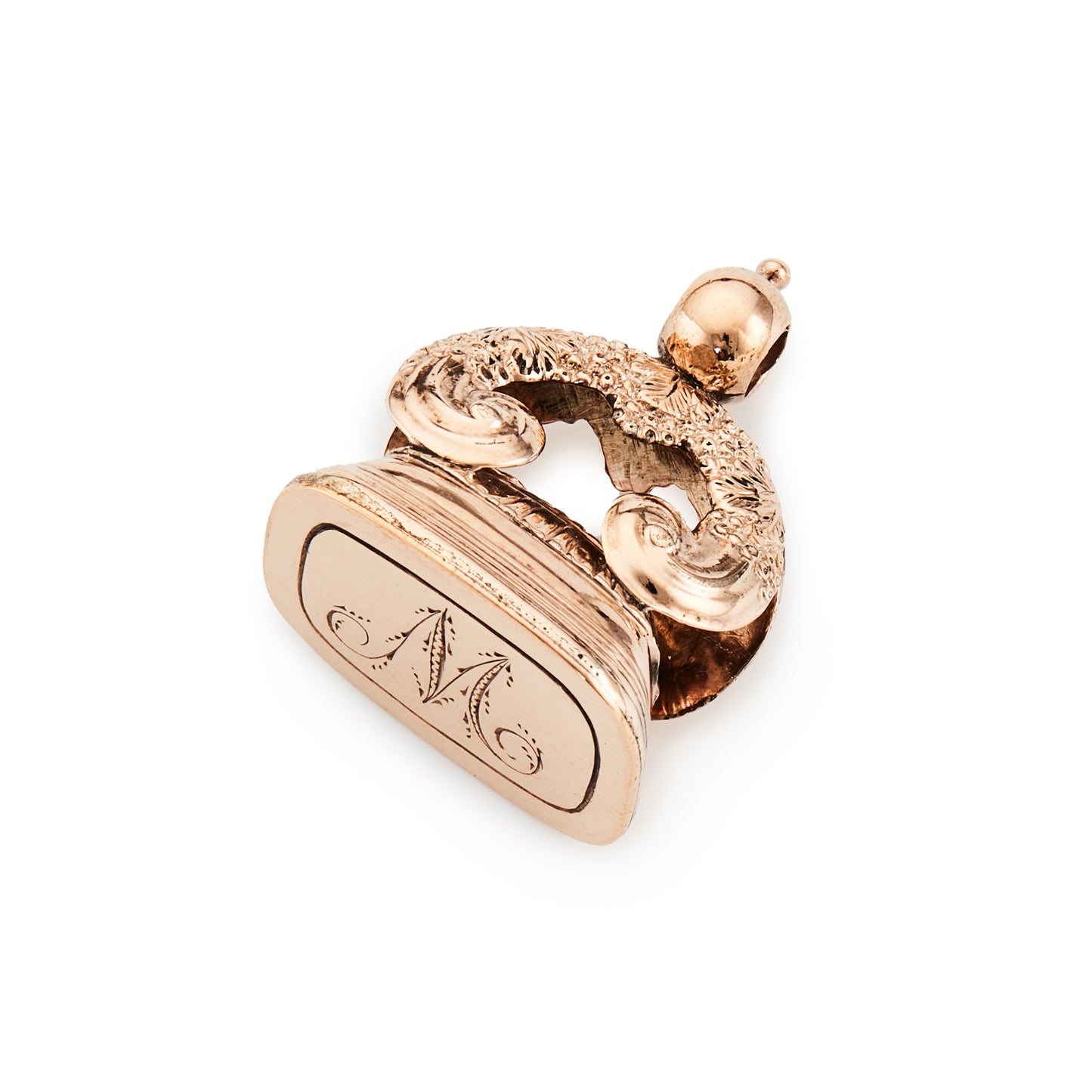 Magnificent Victorian rose gold cased seal with an ornate engraving of a capital ‘M’.