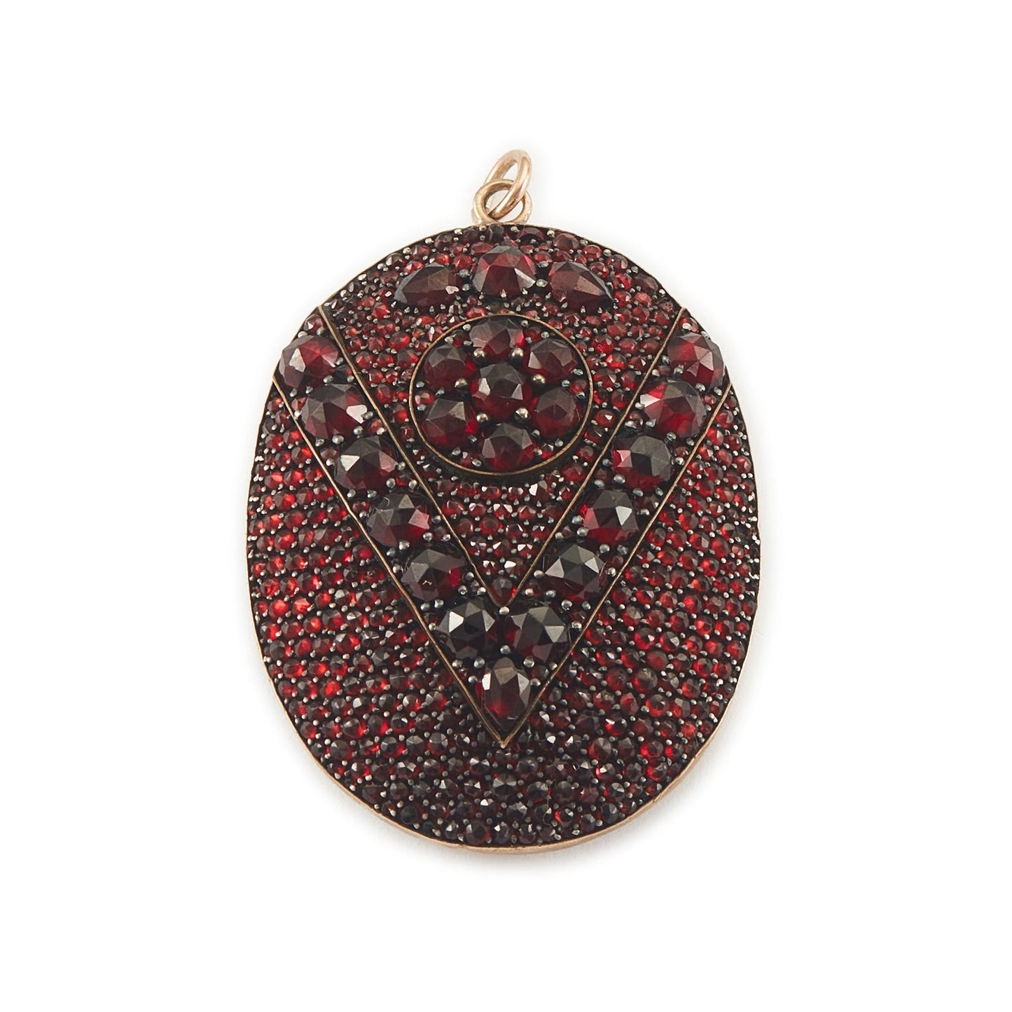 Exquisite Victorian rolled rose gold picture locket set with a beautiful selection of deep red Bohemian garnets.