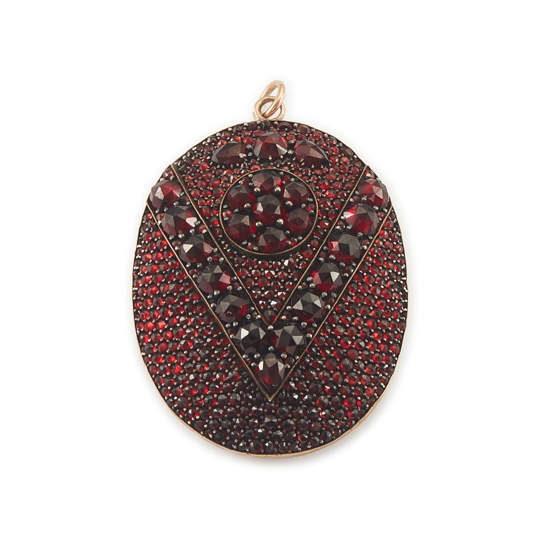 Exquisite Victorian rolled rose gold picture locket set with a beautiful selection of deep red Bohemian garnets.