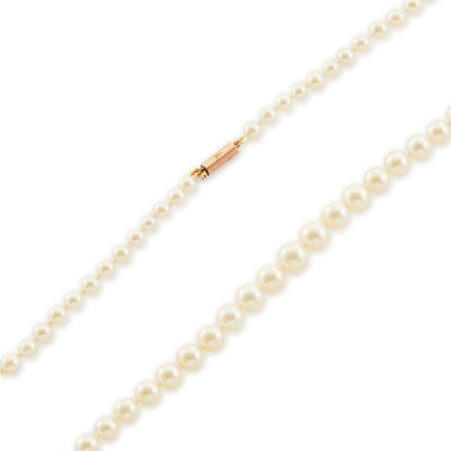 Pretty Victorian string of white graduated seawater pearls with a 9ct rose gold clasp. The pearls have a magnificent lustre.