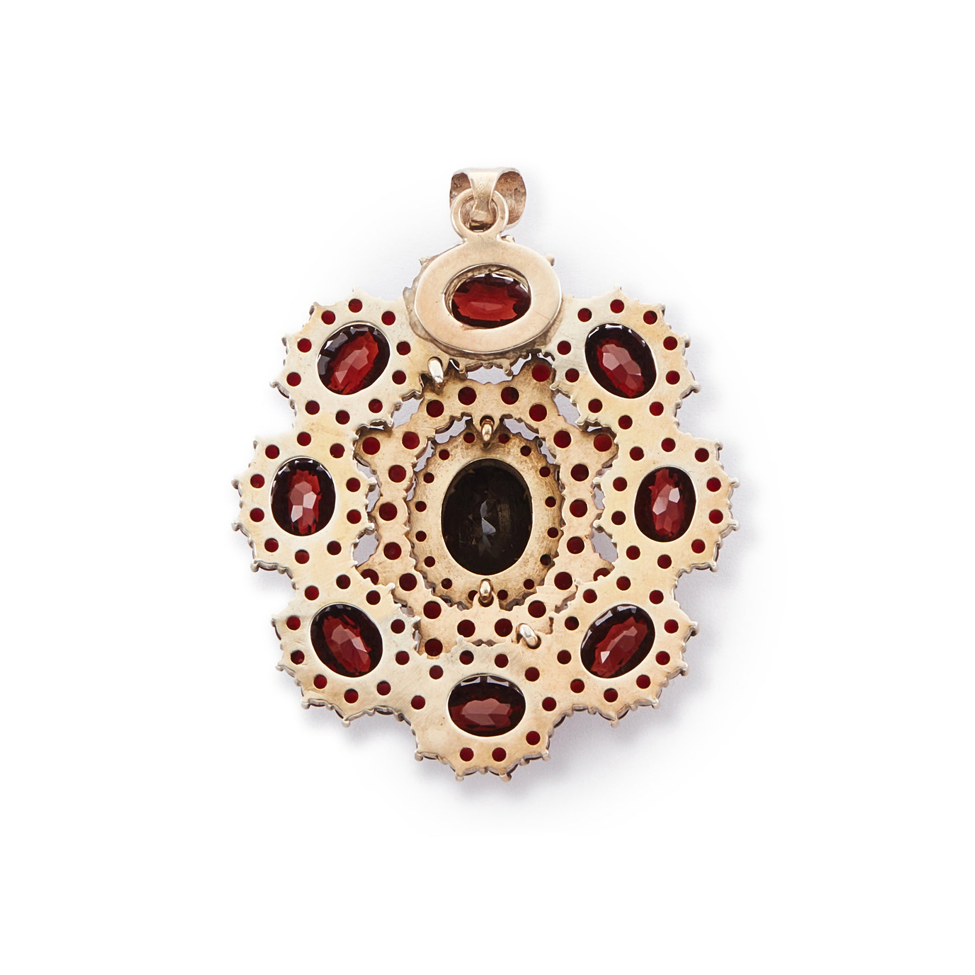 Impressive silver-gilt Victorian pendant set with a variety of beautifully faceted Bohemian garnets in four tiers.