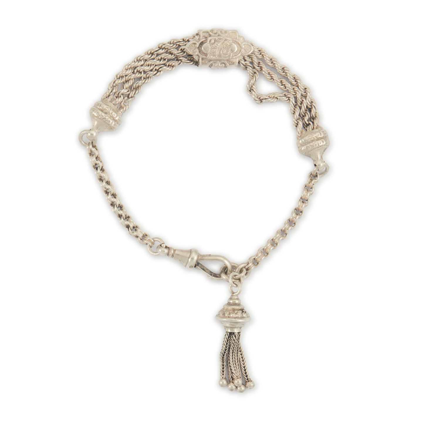 Pretty Victorian silver albertina bracelet with ornate detail, a tassel and a dog clip.
