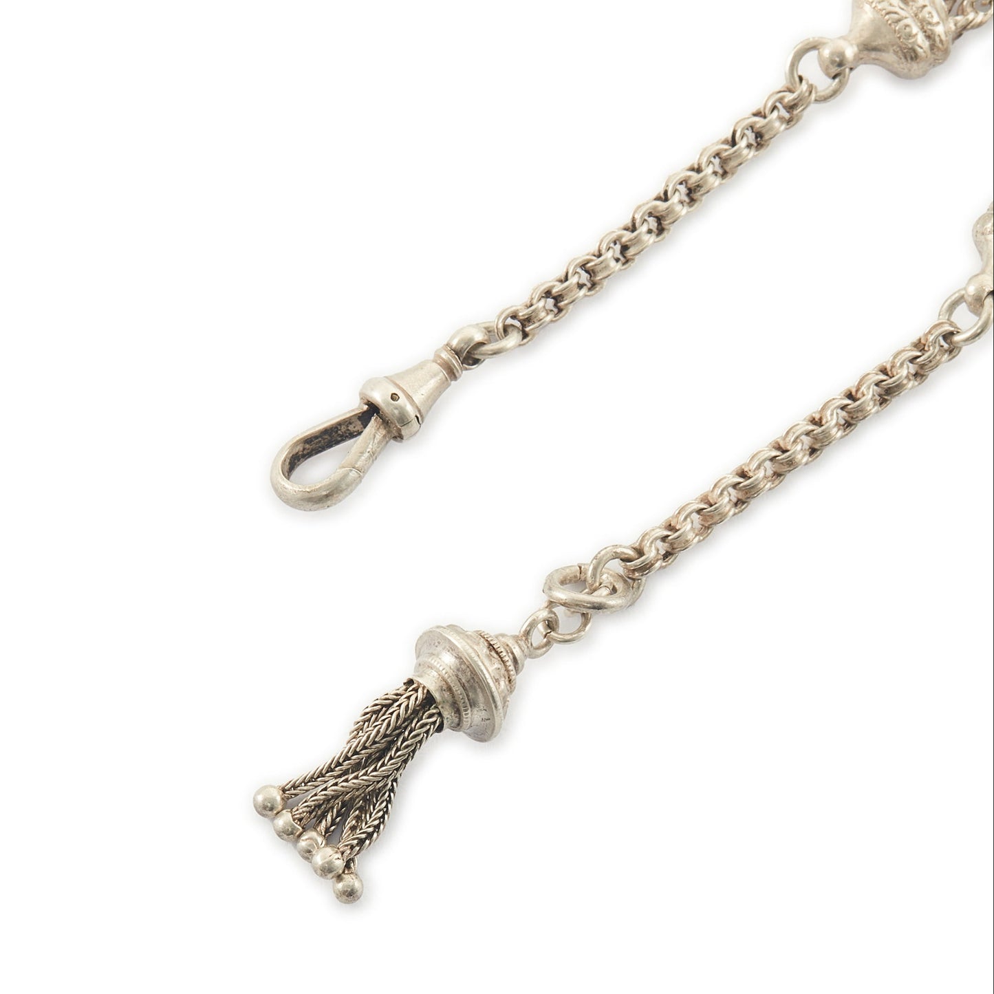 Pretty Victorian silver albertina bracelet with ornate detail, a tassel and a dog clip.