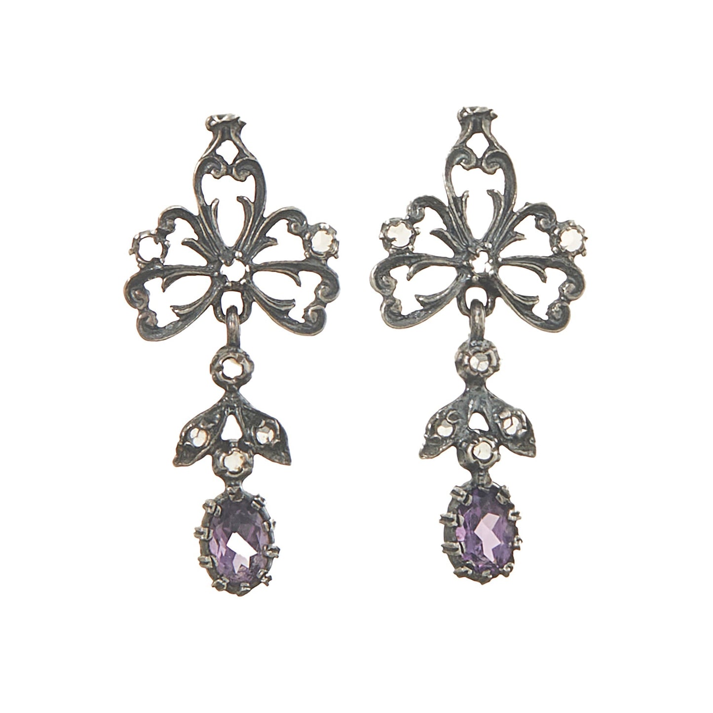 Exquisite Victorian oxidised silver drop earrings, each set with seven diamond chips and an oval amethyst stone.