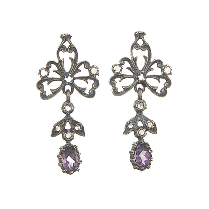 Exquisite Victorian oxidised silver drop earrings, each set with seven diamond chips and an oval amethyst stone.
