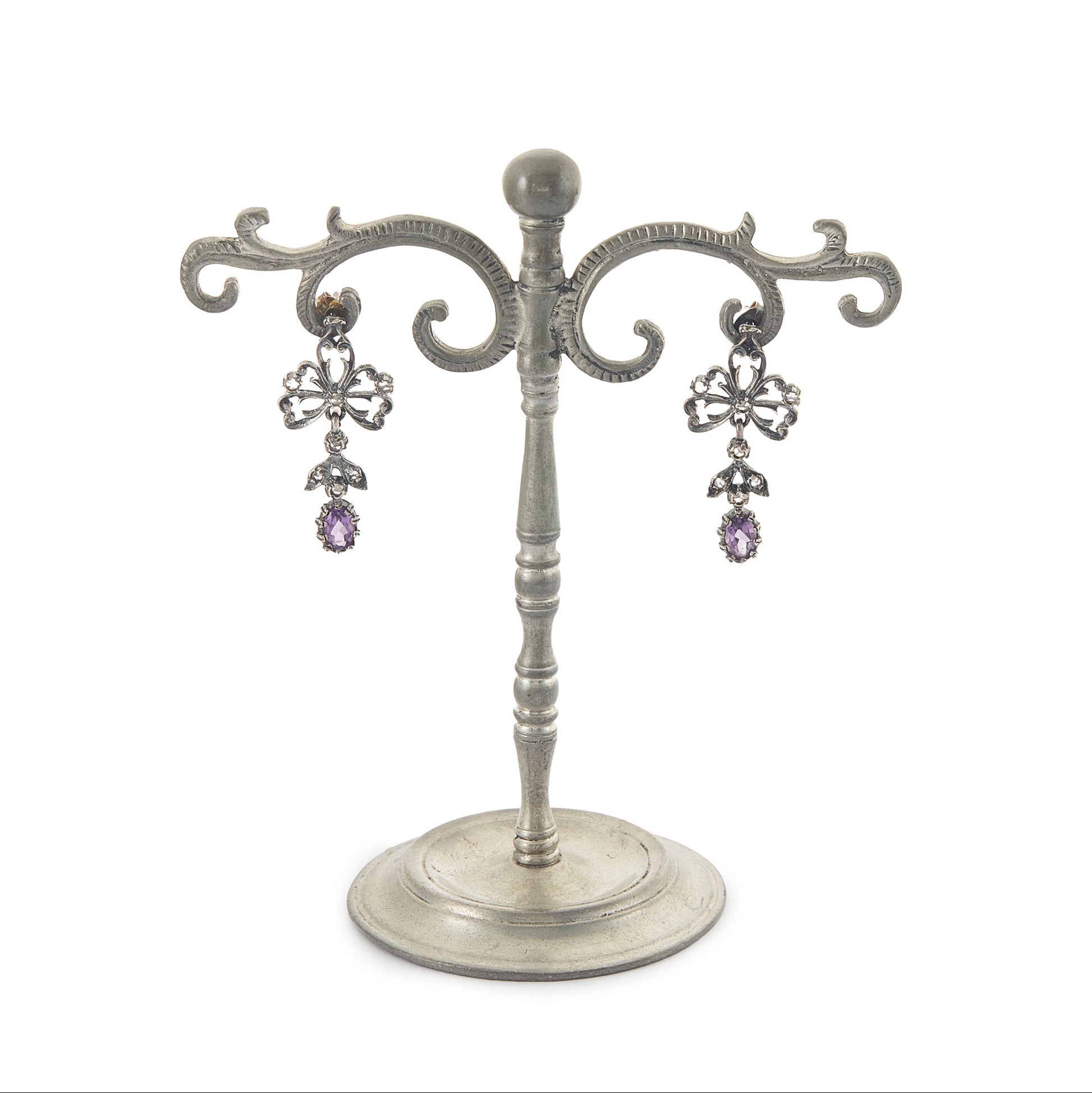 Exquisite Victorian oxidised silver drop earrings, each set with seven diamond chips and an oval amethyst stone.