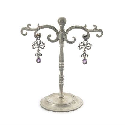 Exquisite Victorian oxidised silver drop earrings, each set with seven diamond chips and an oval amethyst stone.