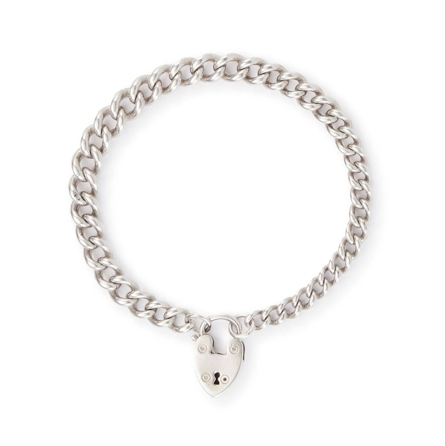 Classic silver Victorian curb link bracelet with solid, graduated links and a padlock. Every link is stamped.
