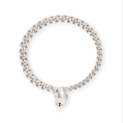 Classic silver Victorian curb link bracelet with solid, graduated links and a padlock. Every link is stamped.