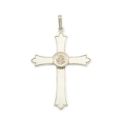 Exquisite Victorian silver cross pendant with a gold embellished floral design centrepiece.